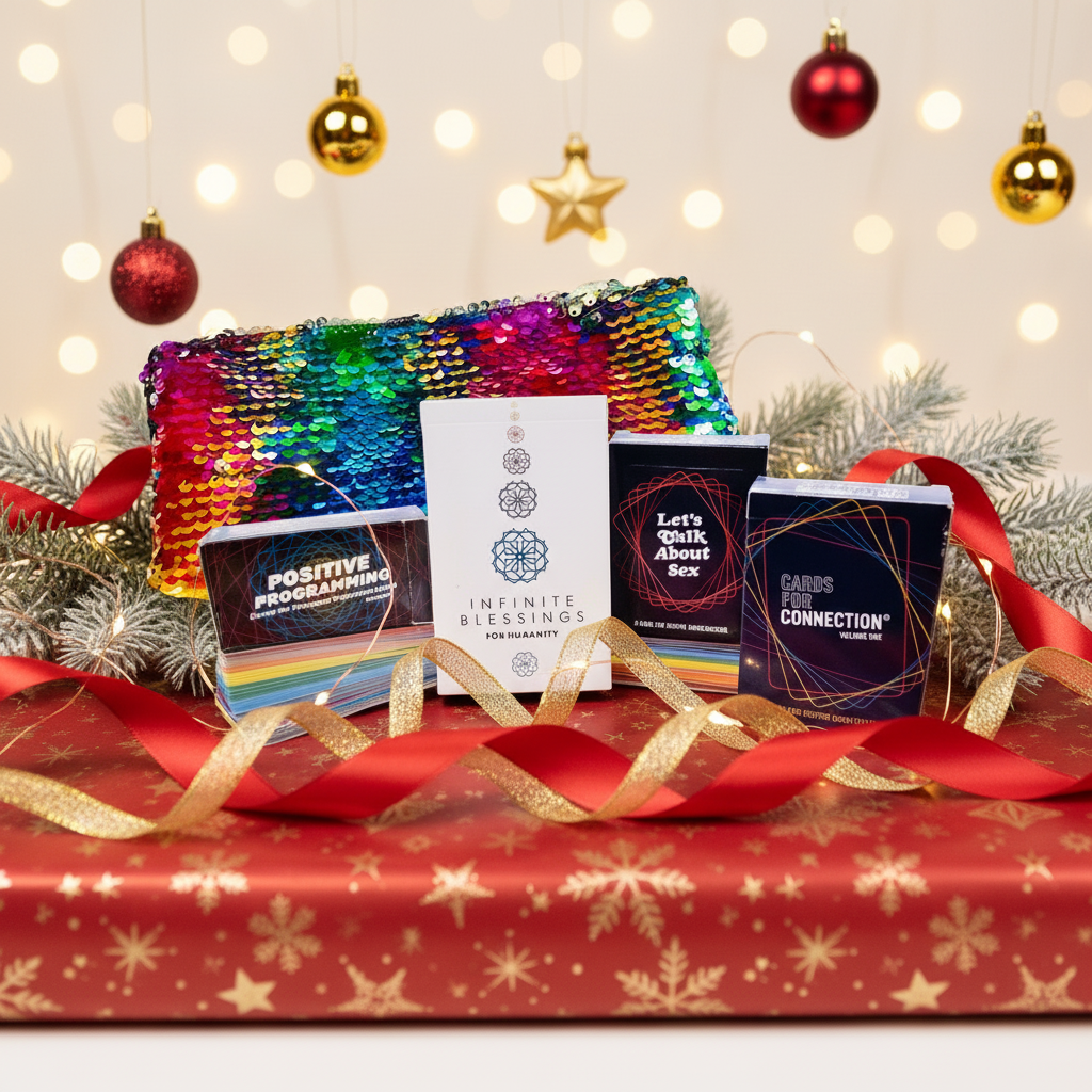 Colorful gift bag with books on a red and gold patterned surface with Christmas decorations.