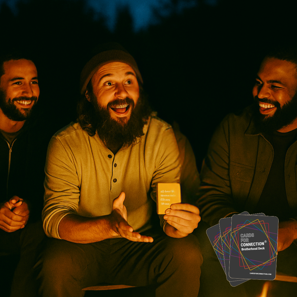 Cards for Connection® Brotherhood Deck digital printable cards. Men playing around a campfire and holding the cards. Image of the cards in the bottom corner.