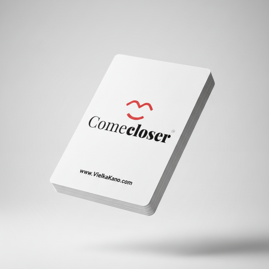 Logo and text 'Come closer' with a red curved line on a white background, and website 'www.VielkaKano.com'.