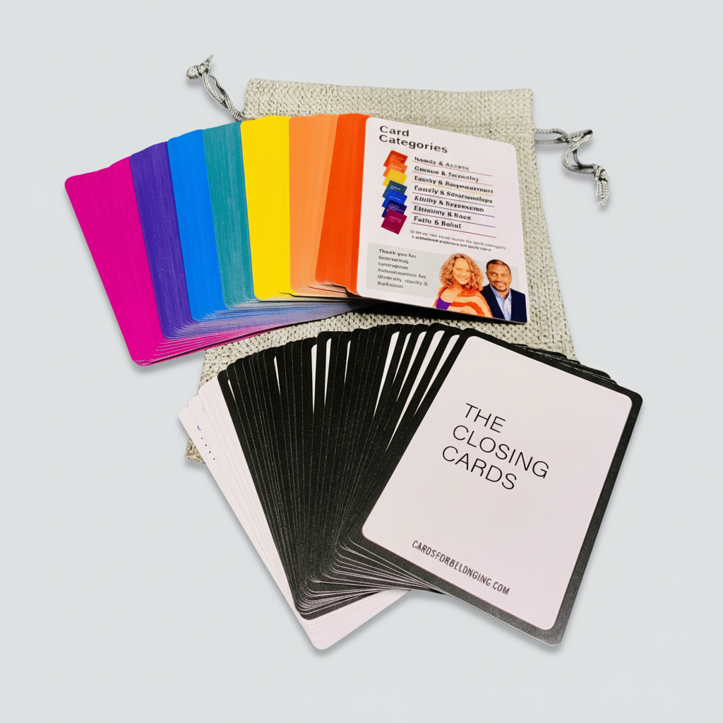 Set of colorful cards from the 'Cards for Belonging and Inclusion' deck on a white surface.