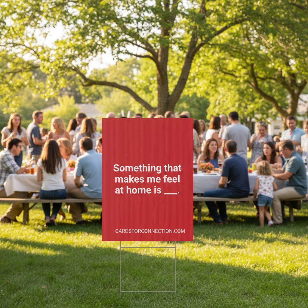 cards for connection yard signs at a family reunion to spark conversation and connection. family freindly prompts. Customized options available.