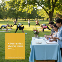 Load image into Gallery viewer, People sitting at a table in a park with a question card overlay