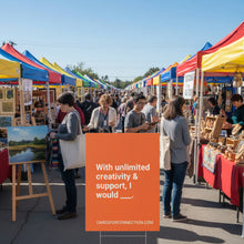 Load image into Gallery viewer, orange cards for connection yard sign at an art market. with unlimited creativity and support, i would ___. 