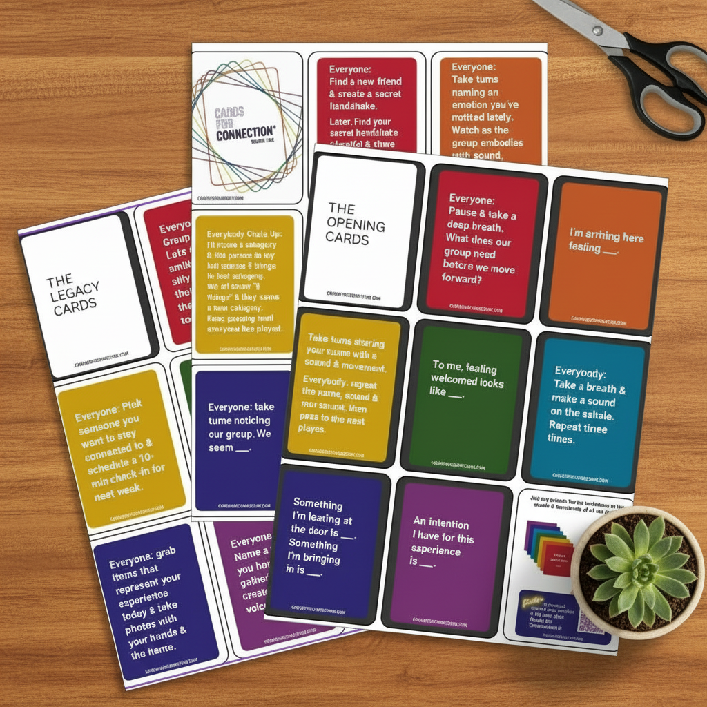 Cards for Facilitators Digital Deck Printable Game to elevate your events, on a wooden table with scissors and a succulent plant in the background.