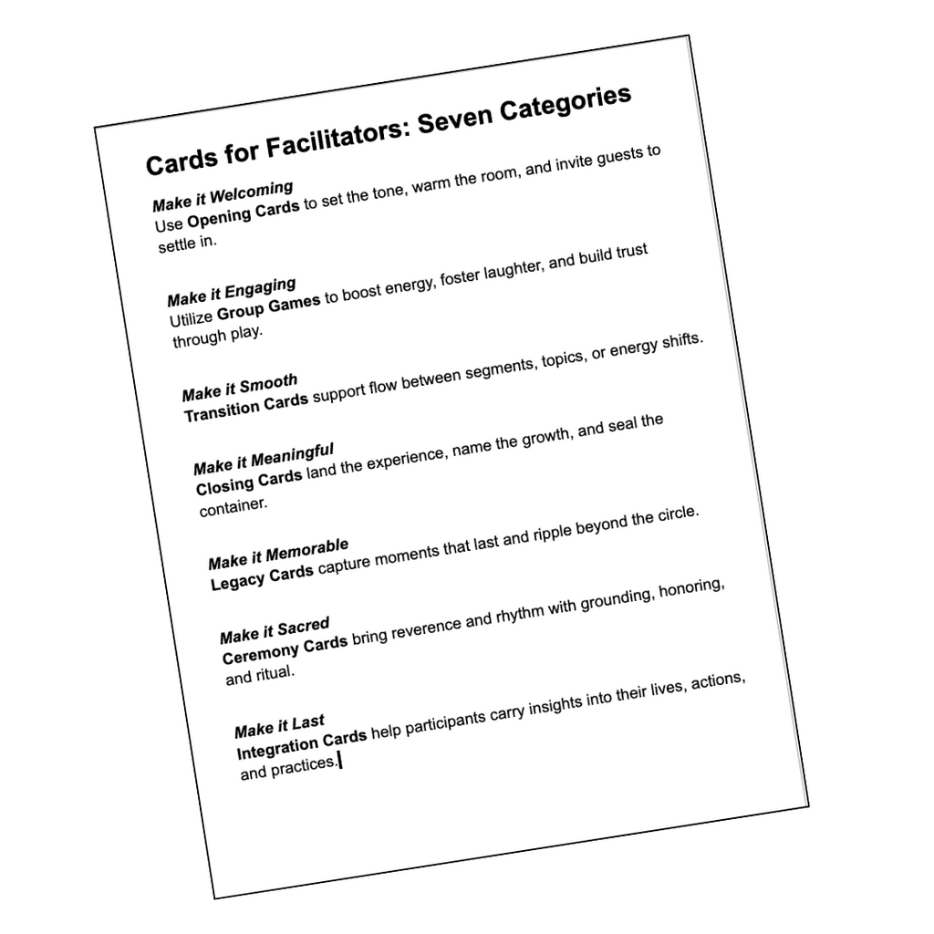 Cards for Facilitators Digital Deck Printable Game to elevate your events. Printable Secen Categories Display.