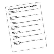 Load image into Gallery viewer, Cards for Facilitators Digital Deck Printable Game to elevate your events. Printable Secen Categories Display.
