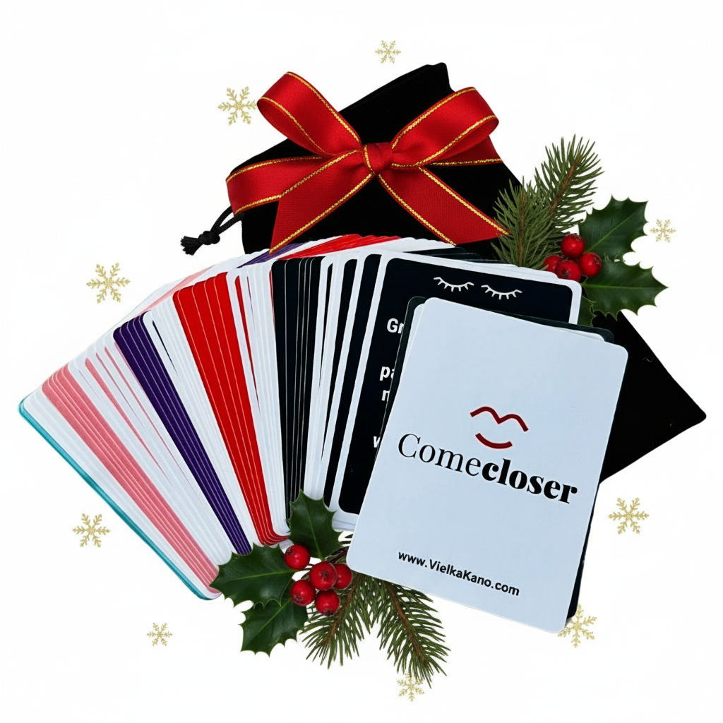 Set of Come Closer cards and a black velvet drawstring bag on a decorative background with holly and ribbons.