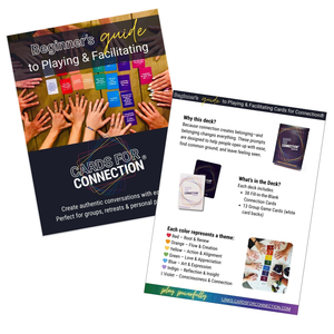 Two-page preview of the Cards for Connection® Beginner’s Guide to Playing & Facilitating, showing colorful card layouts and deck details for easy group use.