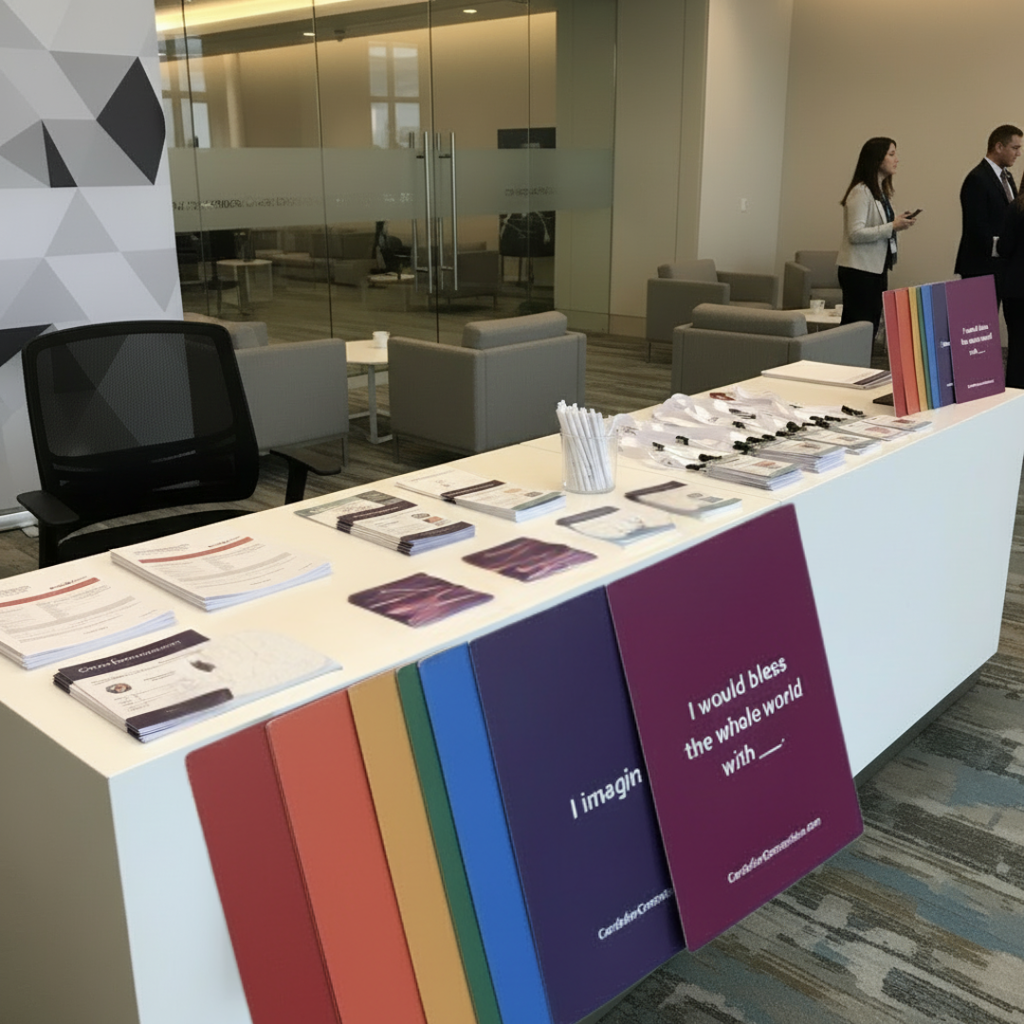 Table with colorful books and brochures in a modern office setting