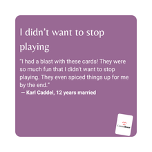 Load image into Gallery viewer, &quot;They even spiced things up for me by the end.&quot; Come Closer deck for couples by Games for Humanity and Vielka Kano, Purple card with text and a small card graphic.
