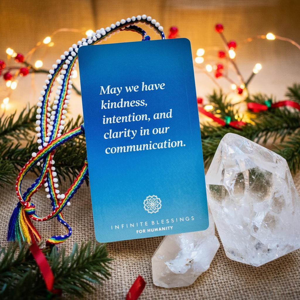 Blue card with inspirational message surrounded by Christmas decorations and crystals