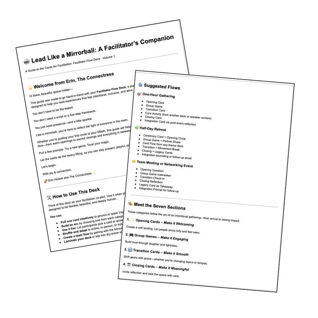 Cards for Facilitators Digital Deck Printable Game to elevate your events. Lead like a mirrorball guide.