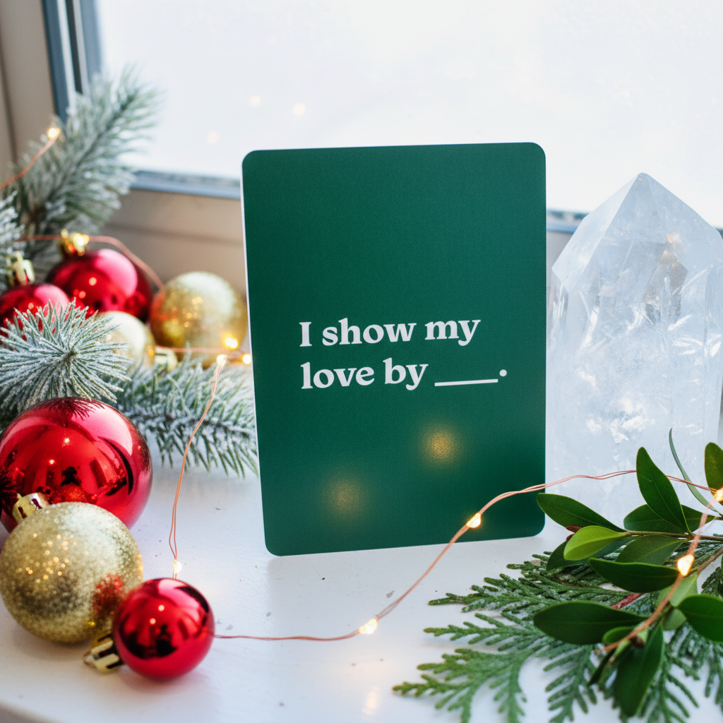 Green card with 'I show my love by ___' text surrounded by Christmas decorations.
