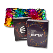 Load image into Gallery viewer, The Love and Relationship Gift Set by Games for Humanity includes a Cards for Connection deck, the Let&#39;s Talk About Sex deck, and a Keepsake Bag.