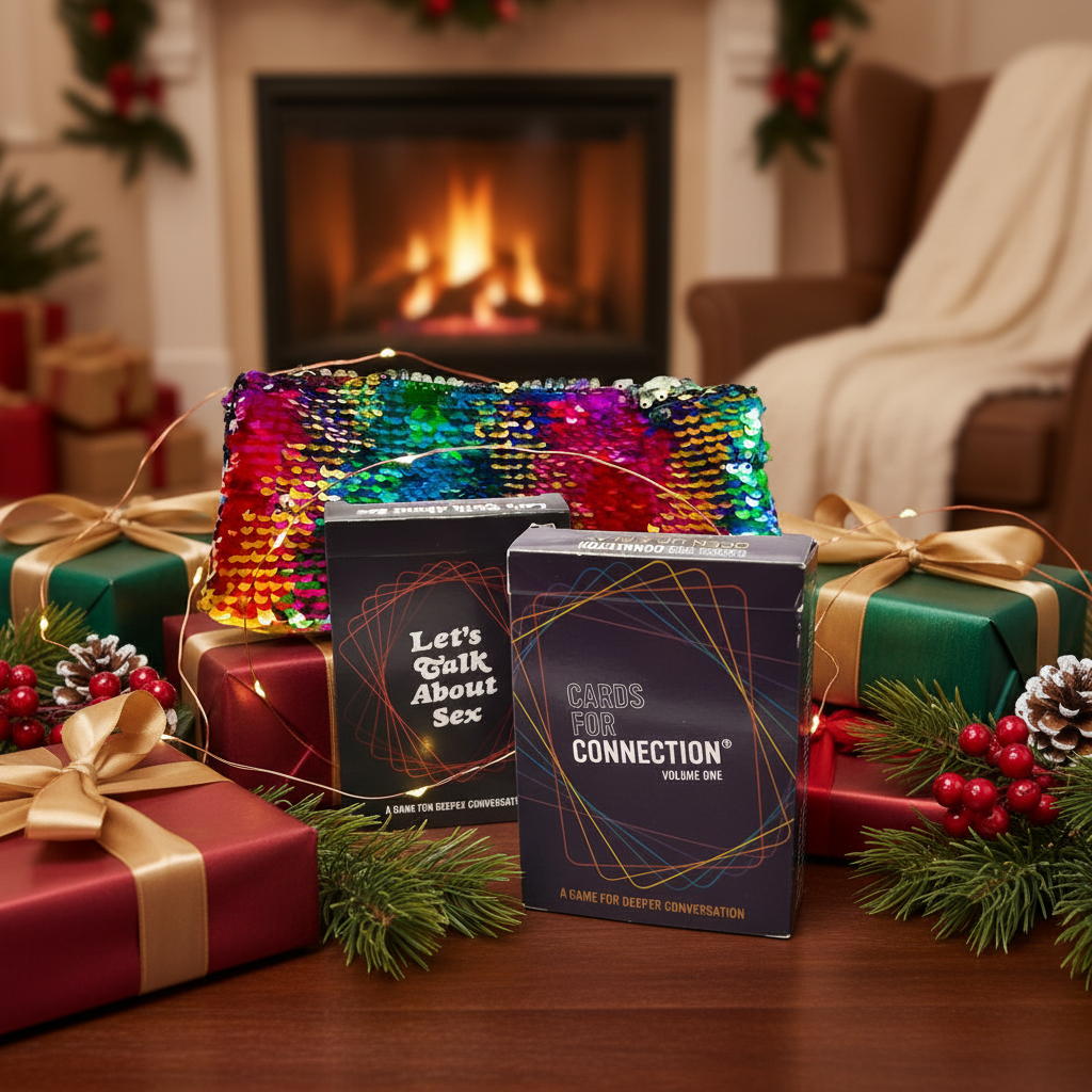 Holiday themed The Love and Relationship Gift Set by Games for Humanity includes a Cards for Connection deck, the Let's Talk About Sex deck, and a Keepsake Bag.