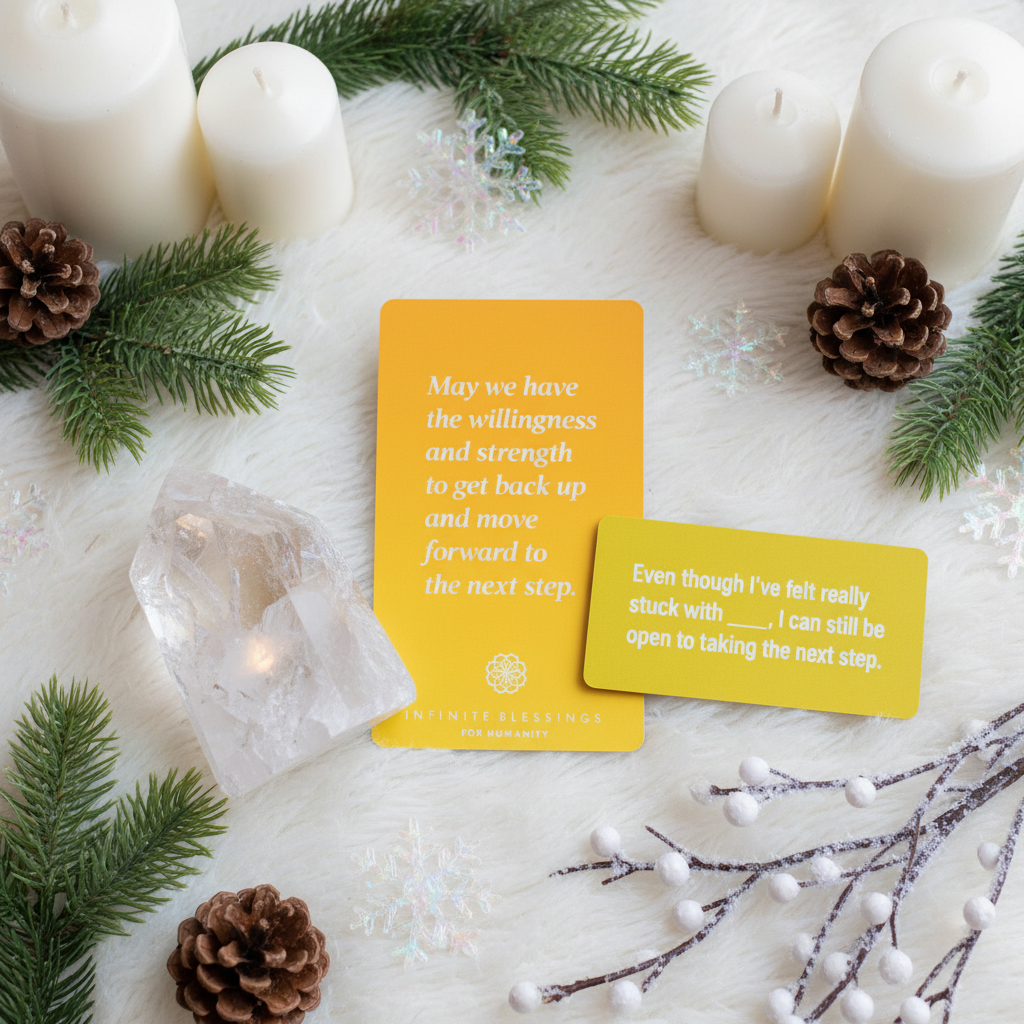 yellow cards from the infinite blessings and positive programming deck on a winter altar.