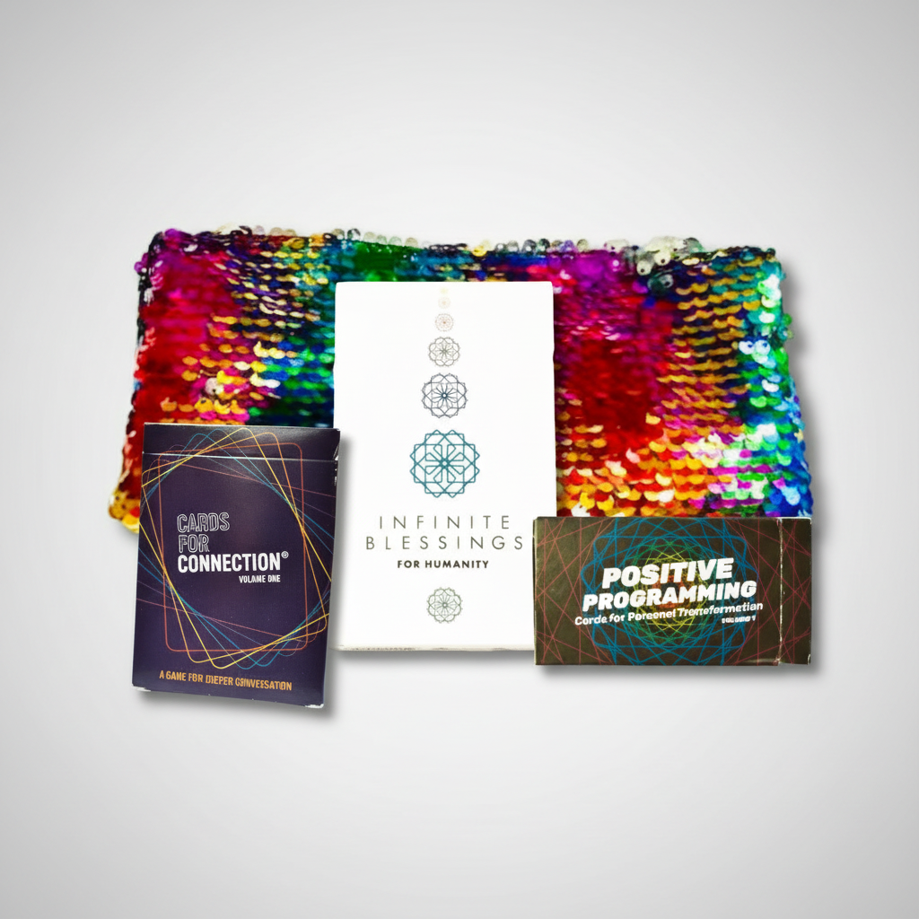 Three sets of cards with a colorful sequin bag on a white background. Cards for Connection, Positive Programming, and Infinite Blessings decks.
