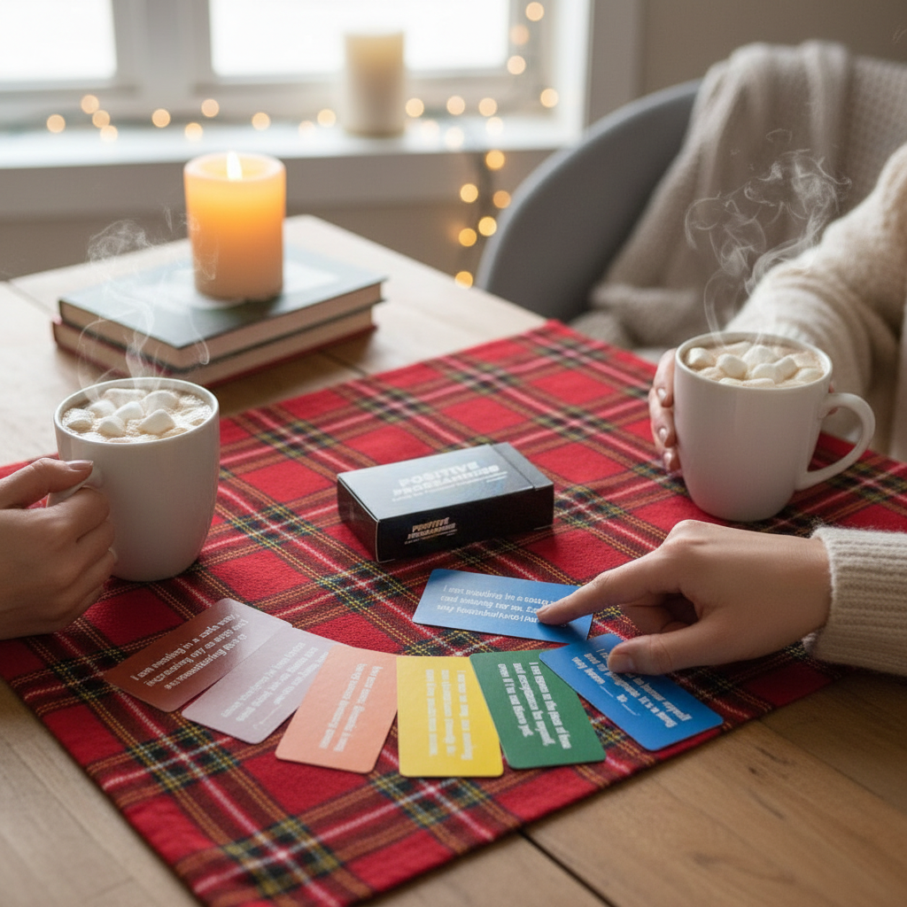 Three people enjoying hot cocoa with marshmallows on a red plaid tablecloth, surrounded by positive programming cards and a lit candle.