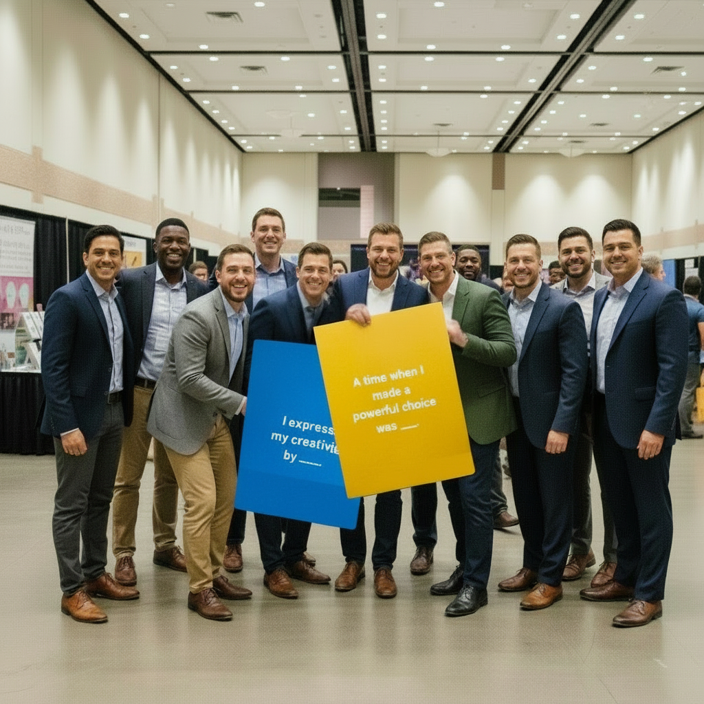 A group of men posing with colorful Giant Cards for Connection signs in a conference hall.