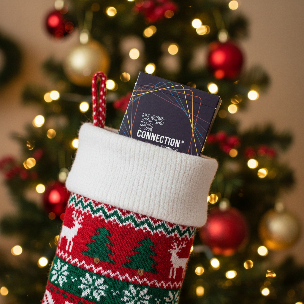 Red and green patterned Christmas stocking with a cards for connection deck inside, against a blurred Christmas tree background.