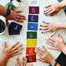 Load image into Gallery viewer, Group gathered around a white table playing Cards for Connection with colorful prompts visible.