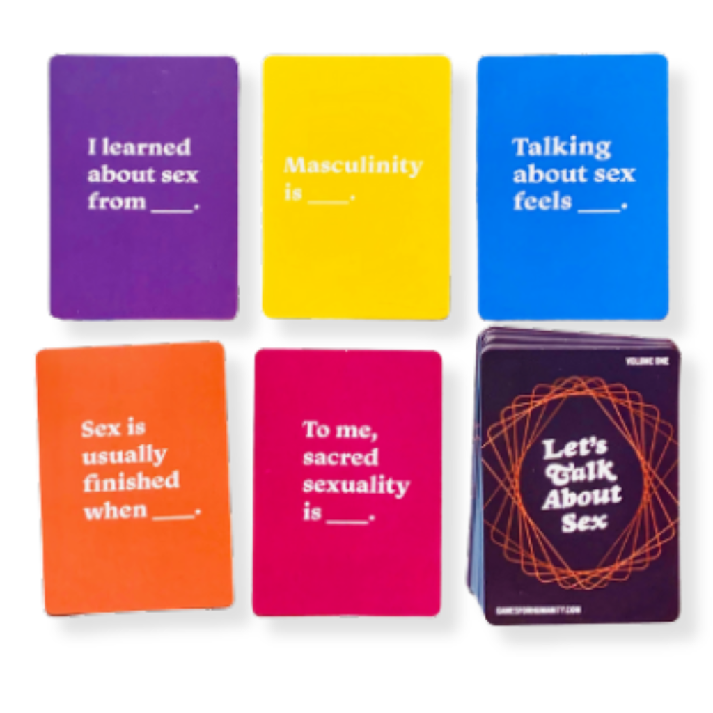 Six Let’s Talk About Sex cards in different colors arranged in a grid beside the tuck box.