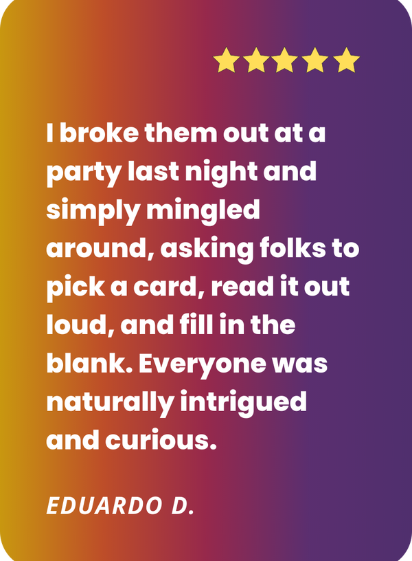 Testimonial on a colorful background with a five-star rating.