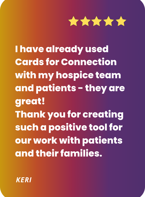 Five-star review card for Cards for Connection with a gradient background and text praising the product.