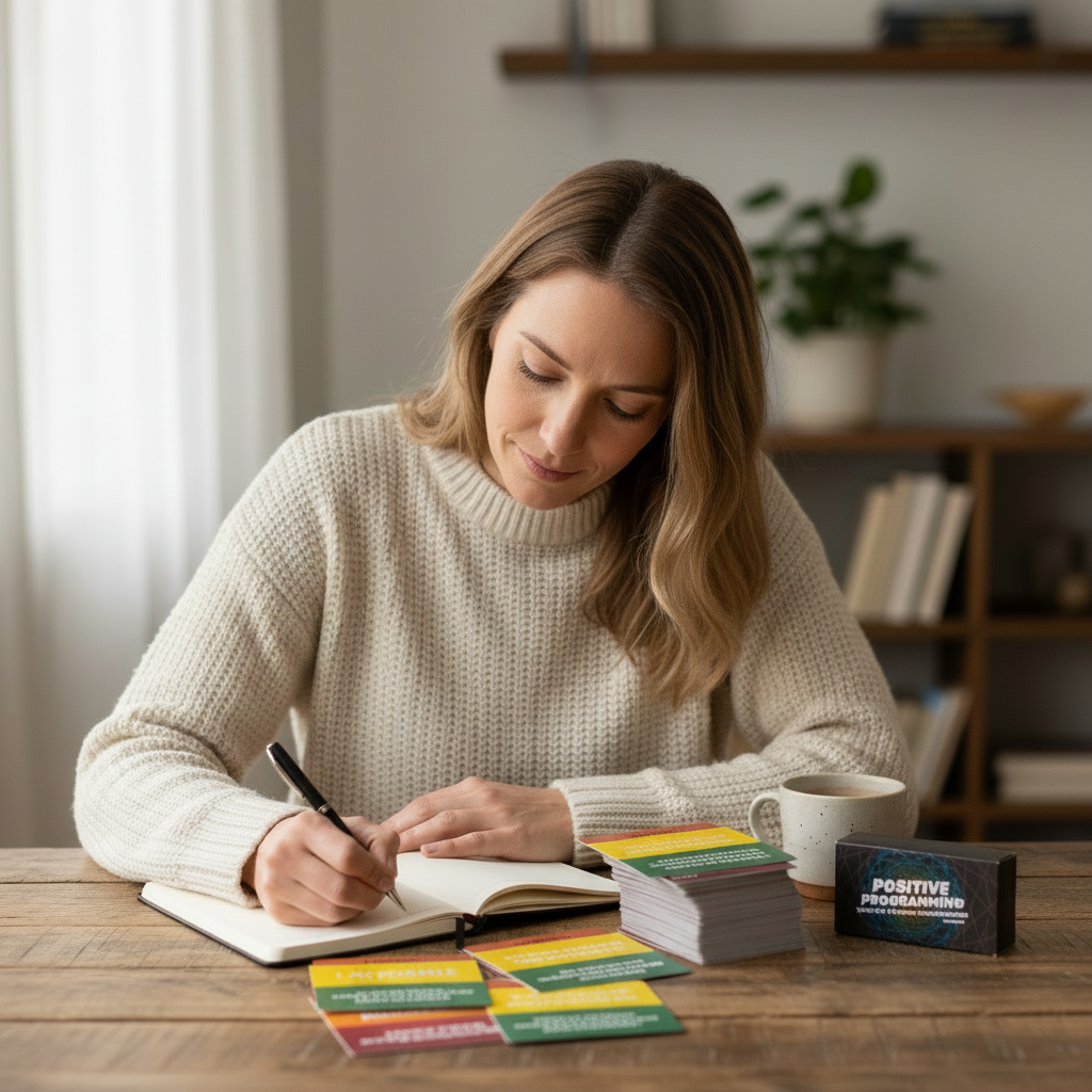 Woman sitting at a table with a notebook, pen, and cards in a home setting.