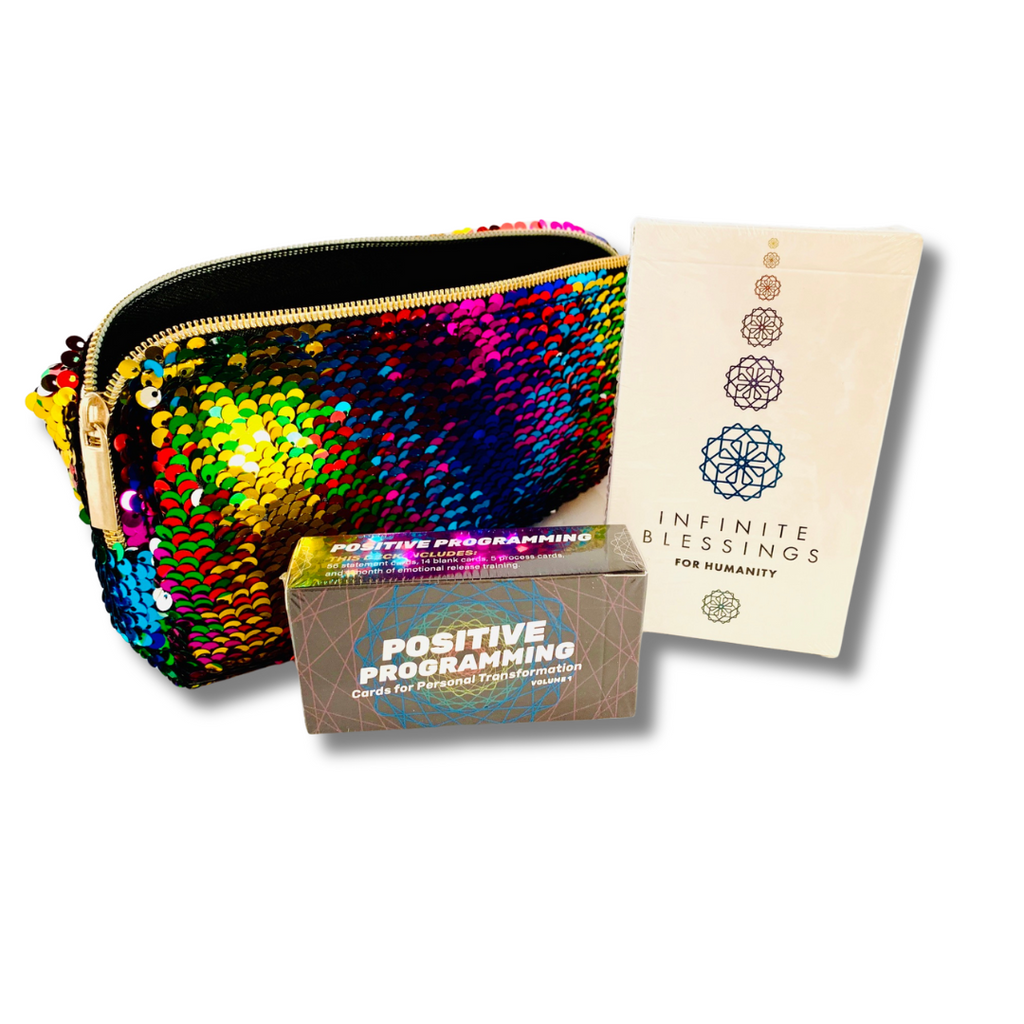 Self Love Gift Set including the infinite blessings deck, the  positive programming card deck, and a Rainbow Sequin Sparkle Bag with Gold Zipper