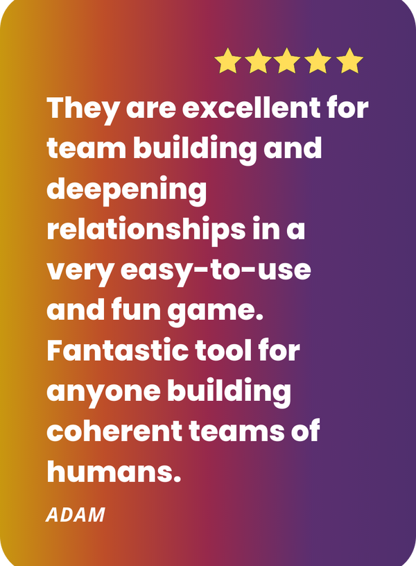 Five-star review on a gradient background with text praising team-building tools using cards for connections.