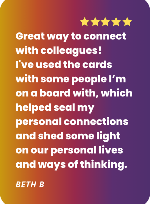 “Testimonial card: Beth B. explains how the cards improved personal connections at events and with colleagues.”