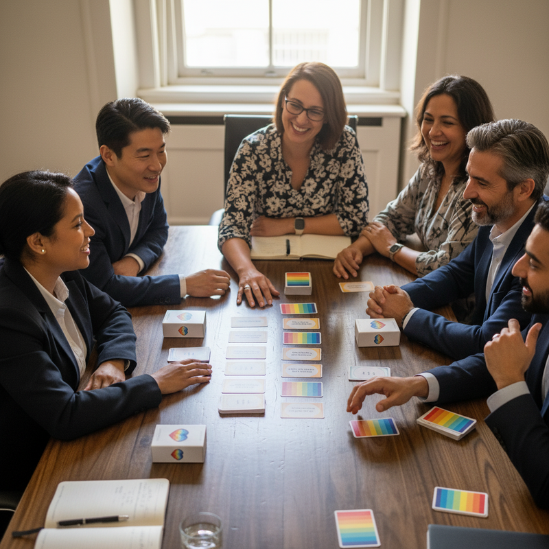 Group of people playing a card game around a table with colorful cards.