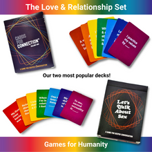 Load image into Gallery viewer, The Love and Relationship Gift Set by Games for Humanity includes a Cards for Connection deck, the Let&#39;s Talk About Sex deck, and a Keepsake Bag. Rainbow spreads of cards for each deck.