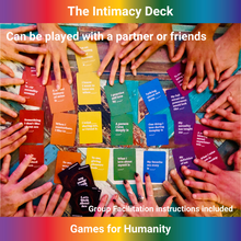 Load image into Gallery viewer, People playing Let&#39;s Talk About Sex by Games for Humanity. Rainbows of cards with hands of the players.