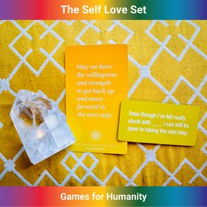 Yellow cards from the Infinite Blessings and the Positive Programming Decks with a crystal. Self-Love Gift Set by Games for Humanity