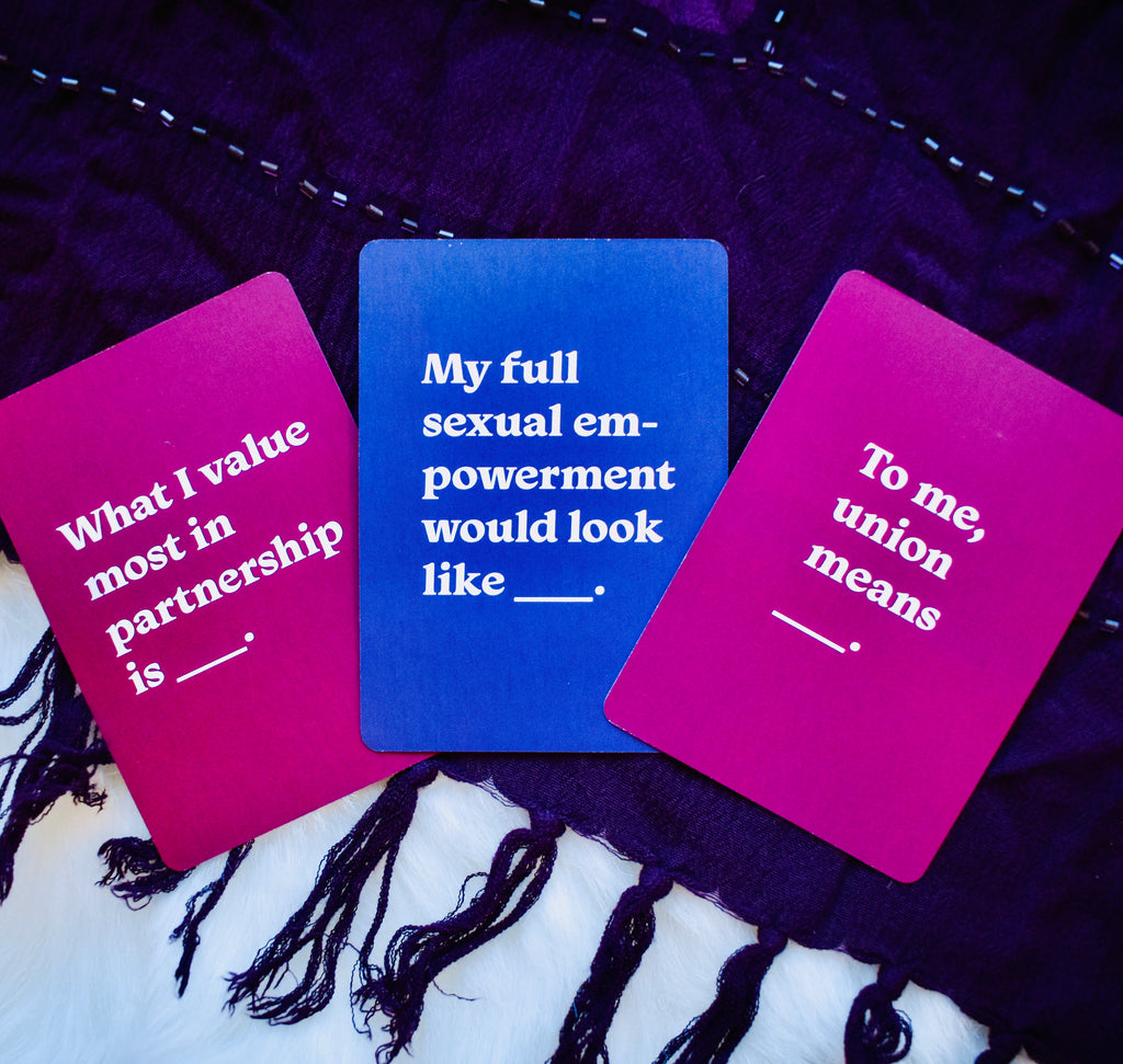 The Love and Relationship Gift Set by Games for Humanity, Let's Talk About Sex deck close up three cards.